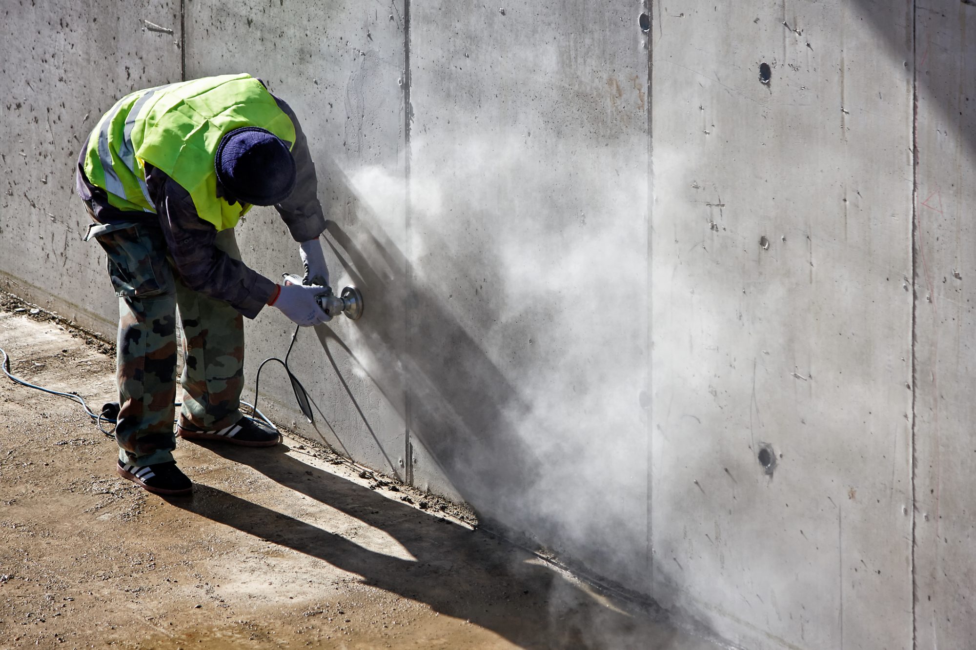 Grinding concrete. Worker grinds concrete wall on the site